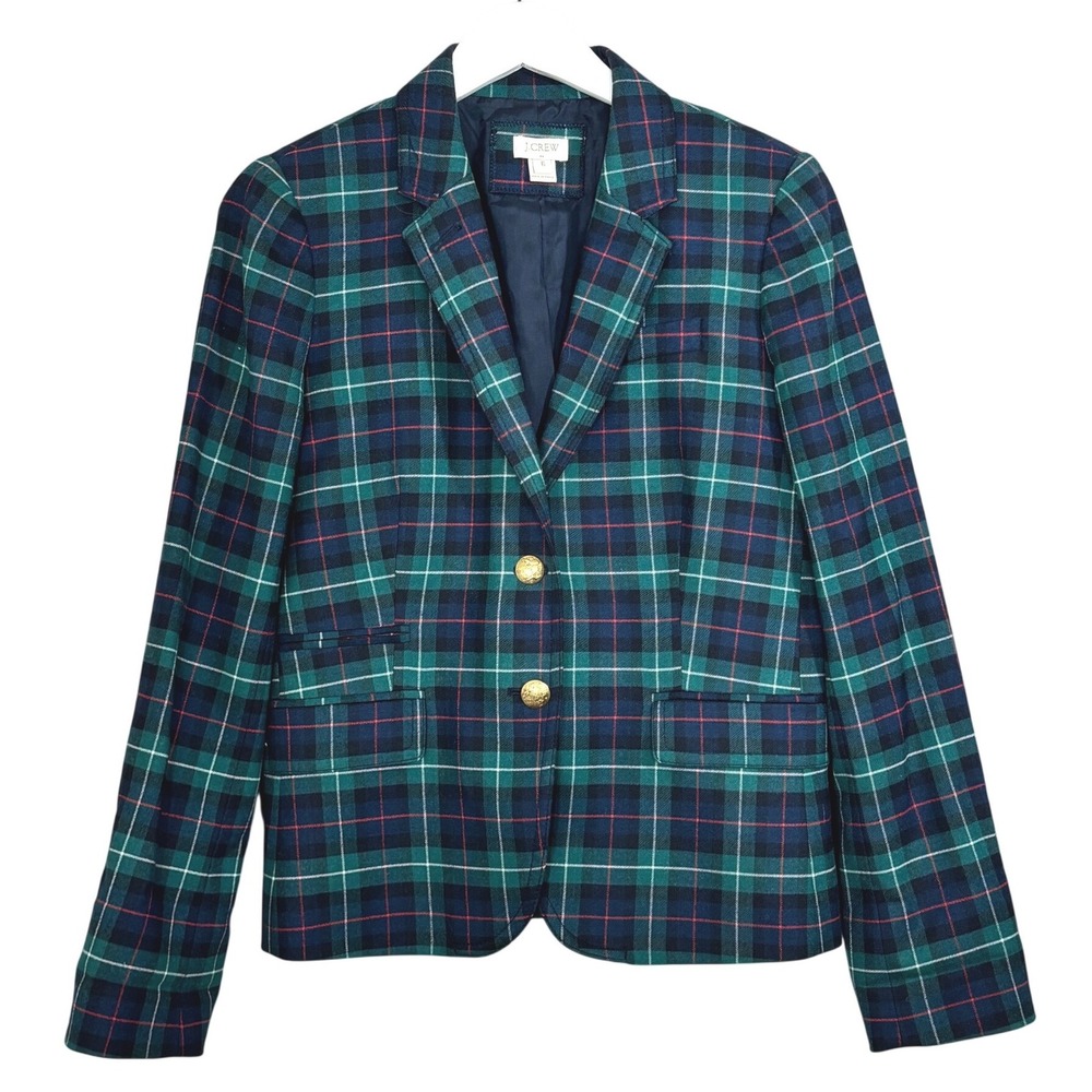 J.Crew Womens Green Plaid Wool Blend Schoolboy Blazer Gold Crest Buttons 6 22235